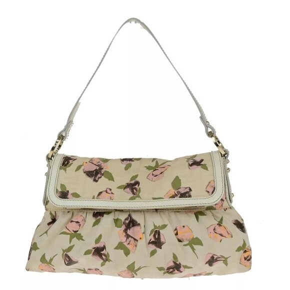 FENDI Logo Zucca Pattern Flower Hand Bag Canvas Leather Beige Pink Italy - Picture 1 of 16